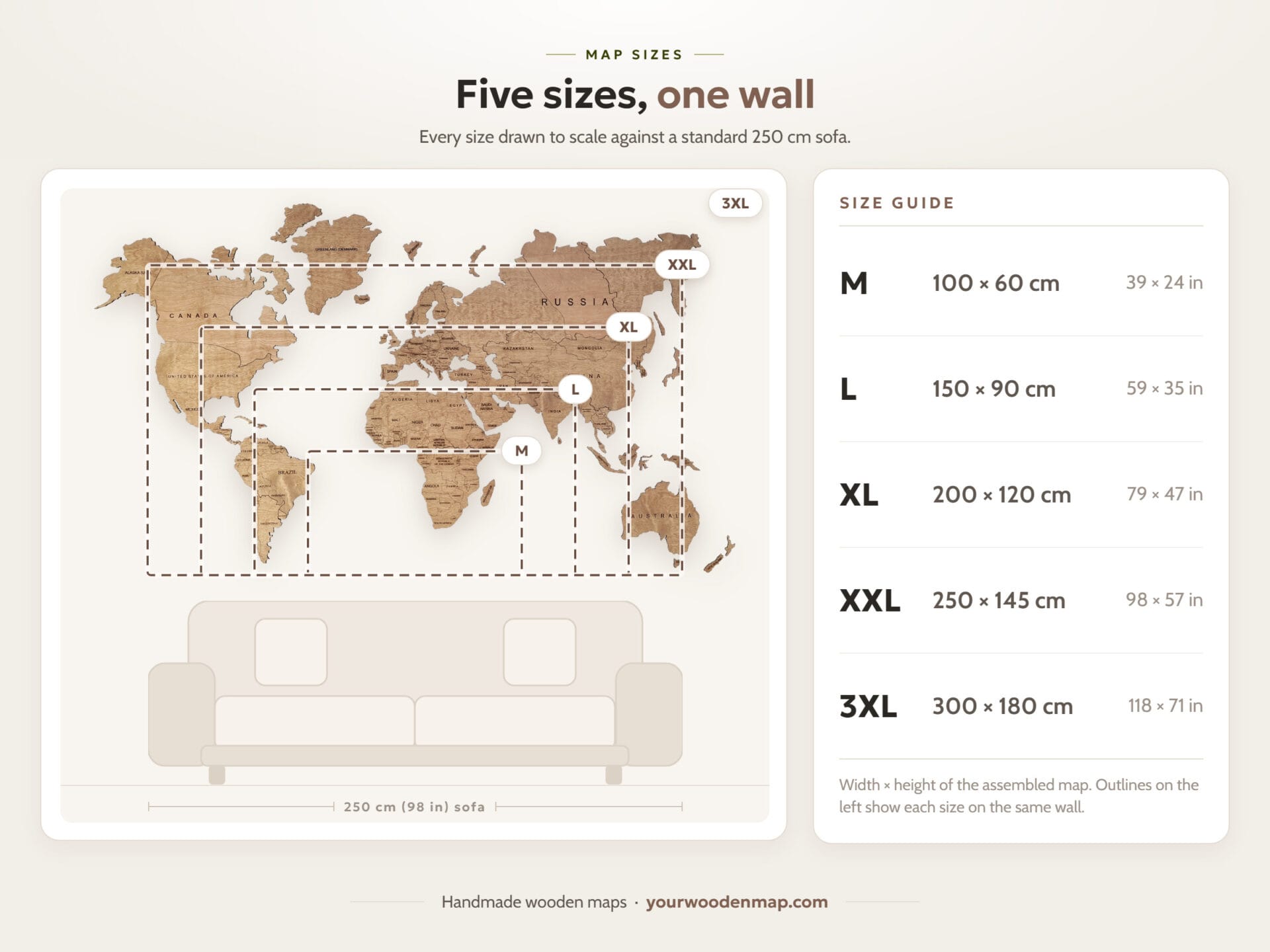 Wooden world map size guide – M to 3XL