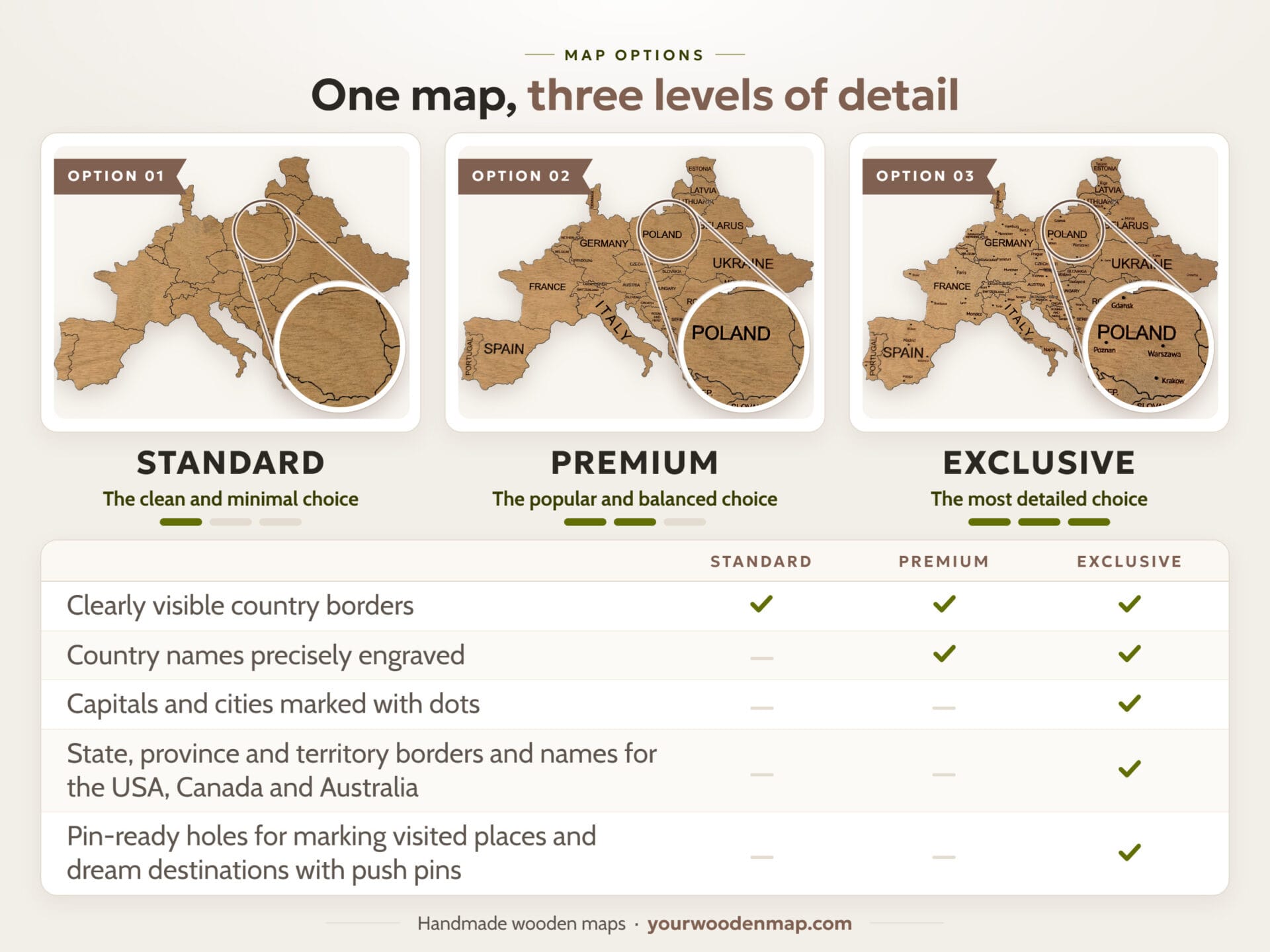 Wooden world map options – Standard, Premium and Exclusive