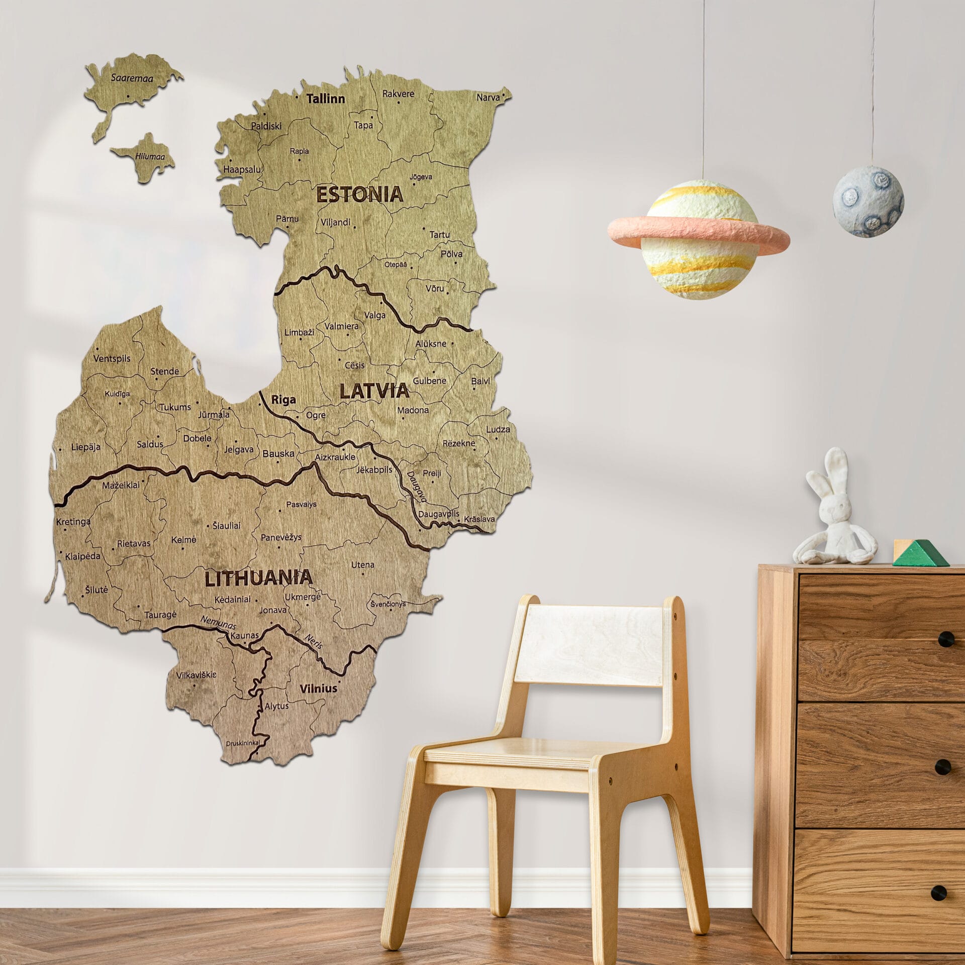 Wooden Map of the Baltic States Wooden wall map of Lithuania, Latvia and Estonia with engraved place names