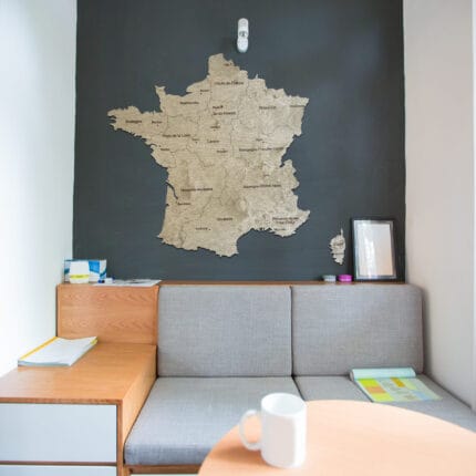 Wooden wall map of mainland France and Corsica with engraved regions and cities