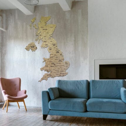 Wooden wall map of the United Kingdom including Great Britain and Northern Ireland