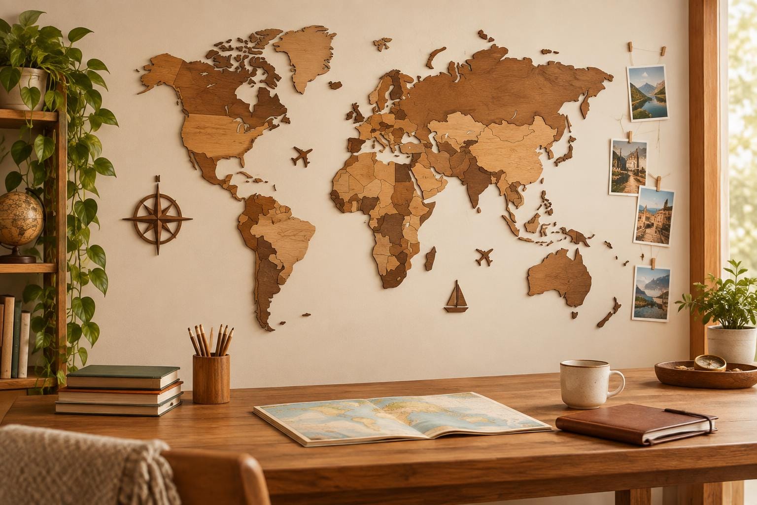 Illustratie over accessoires voor houten kaarten en het plannen van een overzichtelijke reiswand